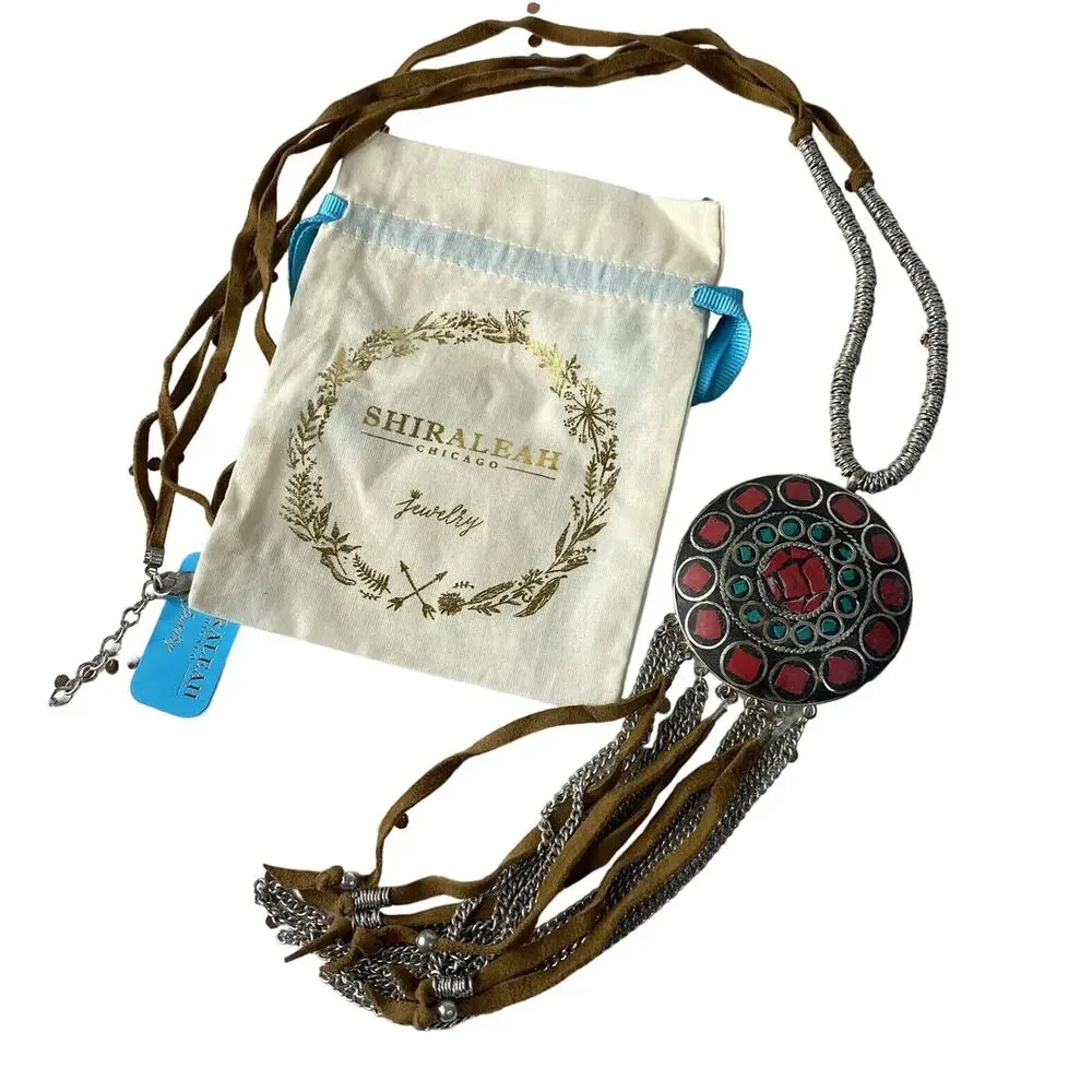 SHIRALEAH New Catrine Tribal Leather Necklace Silver Pink Turquoise Anthro